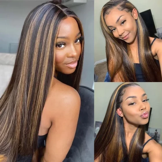 Ombre Lace Front Wig Human Hair 1B/30 Straight Highlight 13x6 Ombre Brown Lace Wigs